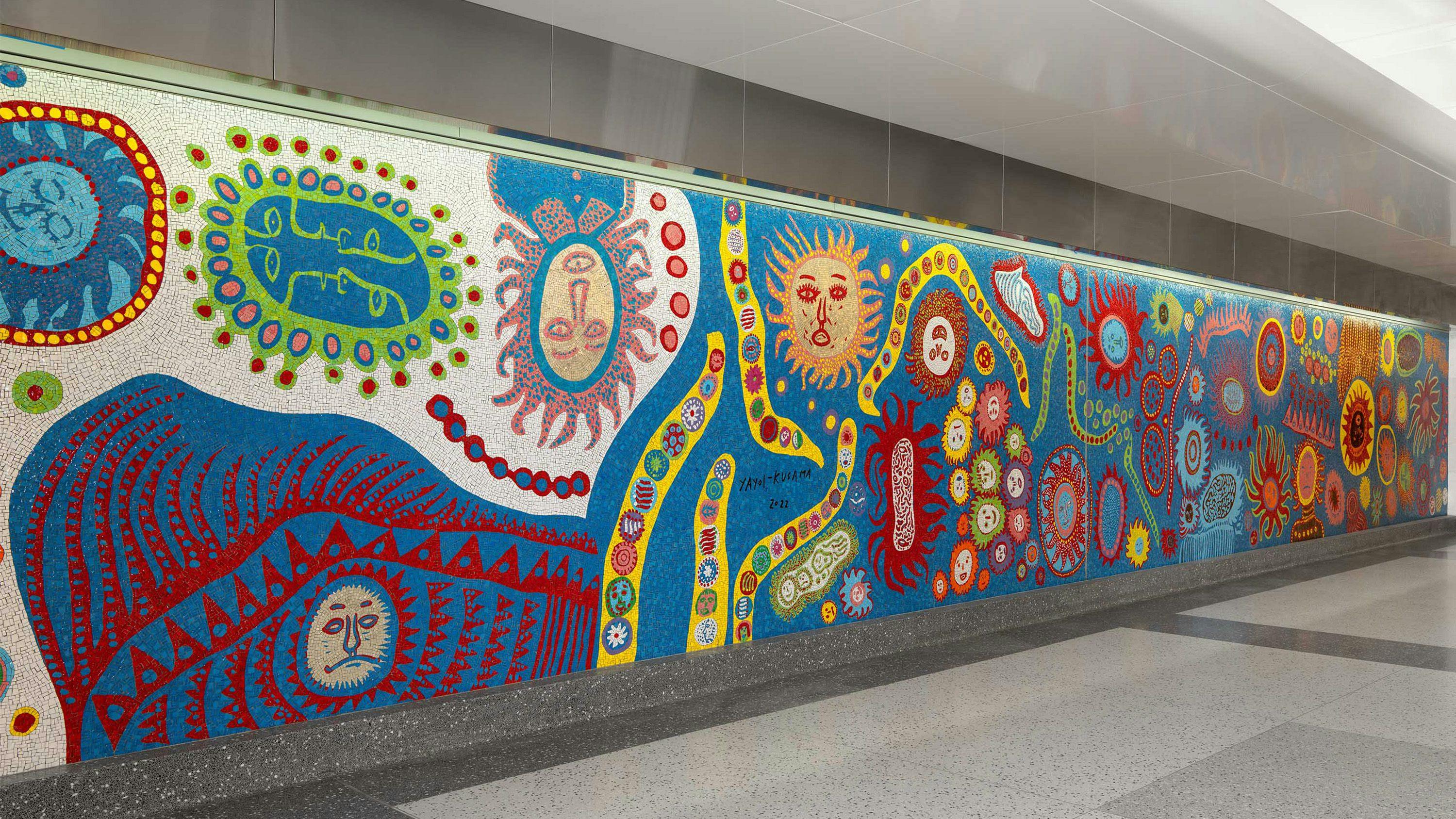 Installation view of Yayoi Kusama’s artwork, A Message of Love, Directly from My Heart unto the Universe, commissioned by MTA Arts & Design and New York City Transit