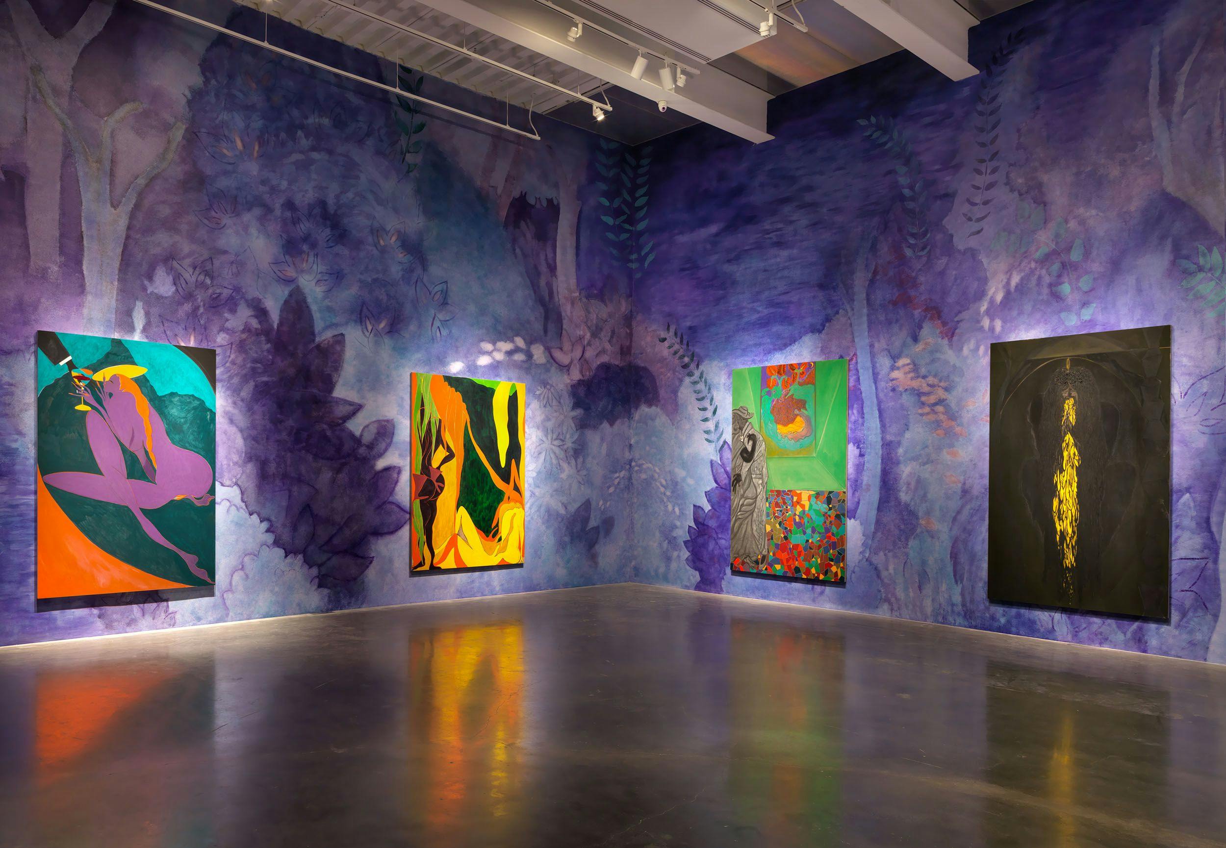 Installation view of the exhibition, Chris Ofili: Night and Day, at the New Museum in New York, dated 2014.