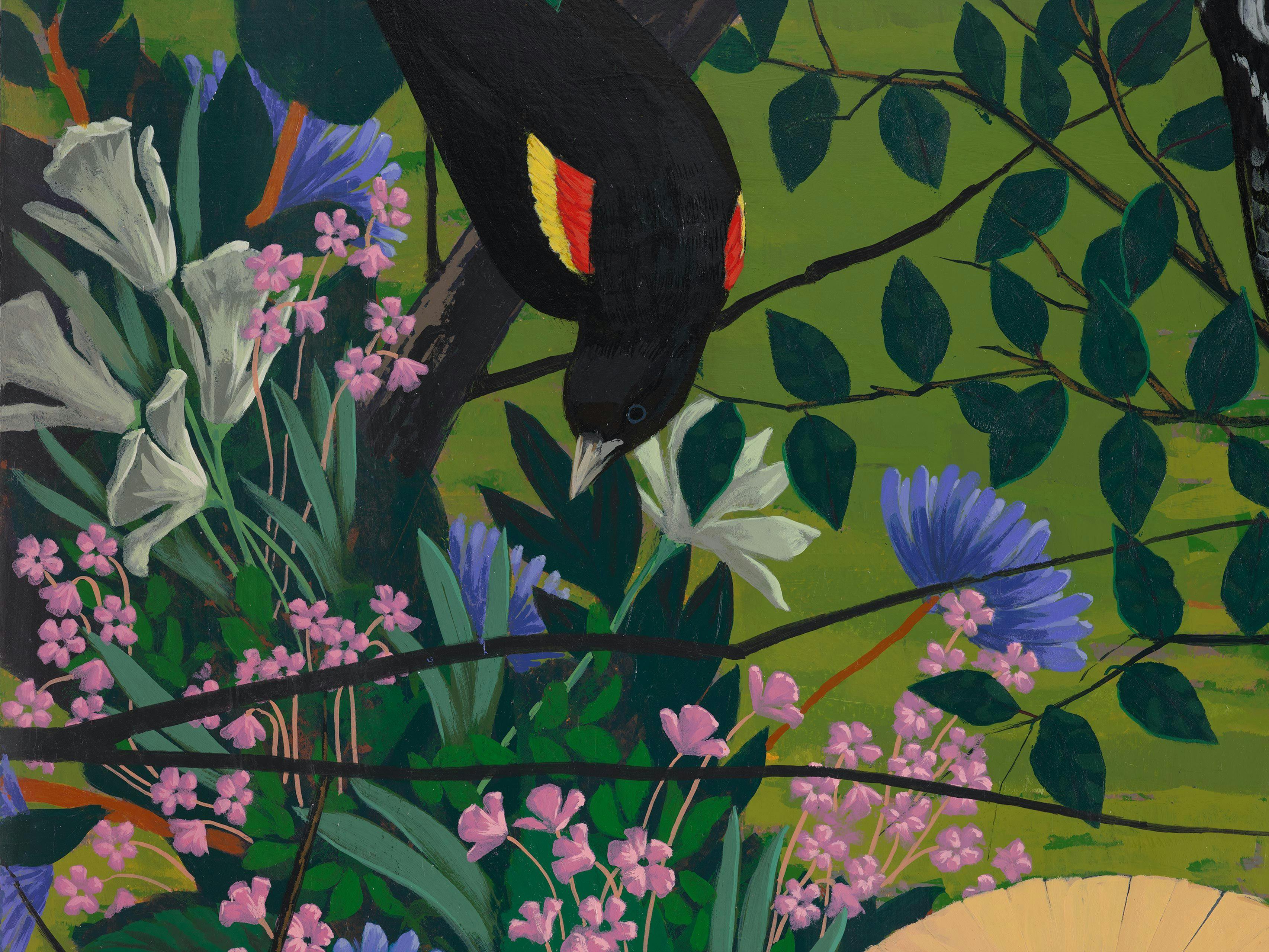 A detail of a painting by Kerry James Marshall, titled Black and part Black Birds in America (Red wing Blackbirds, Yellow Bellied Sapsucker, Scarlet Tanager) , dated 2021.