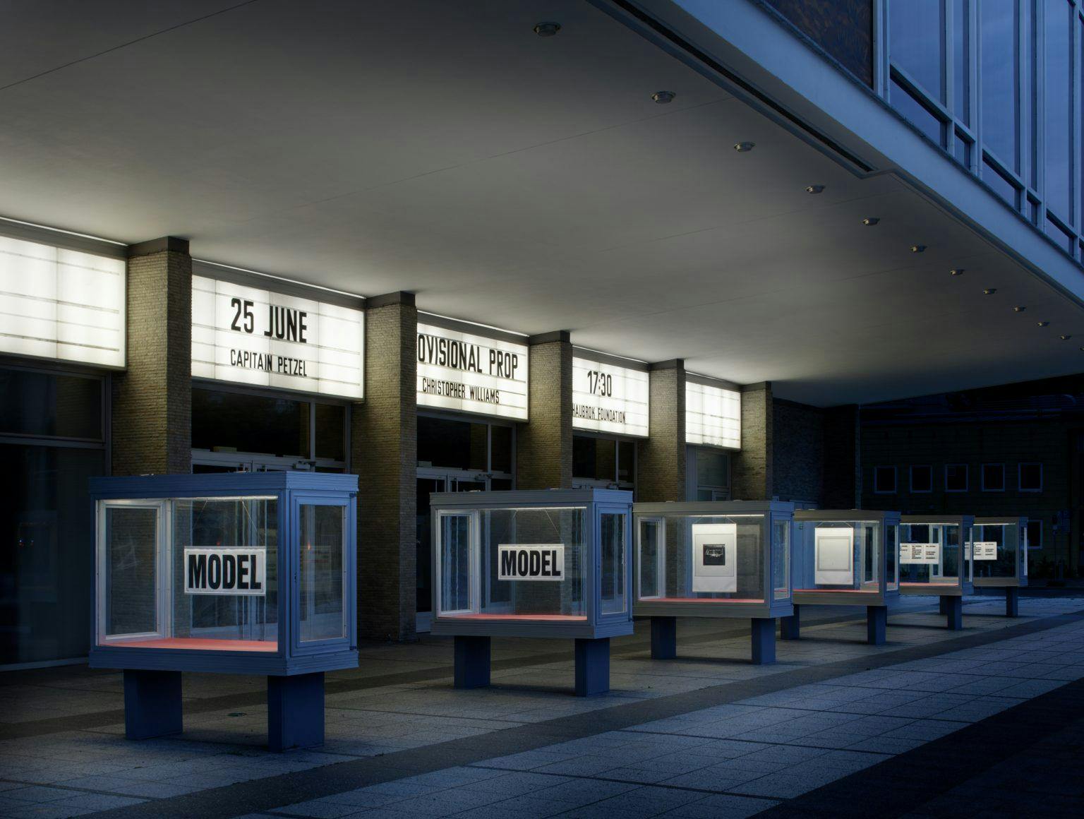 A photo of Christopher Williams's installation Provisional Prop at Kino International, Berlin, in 2021.
