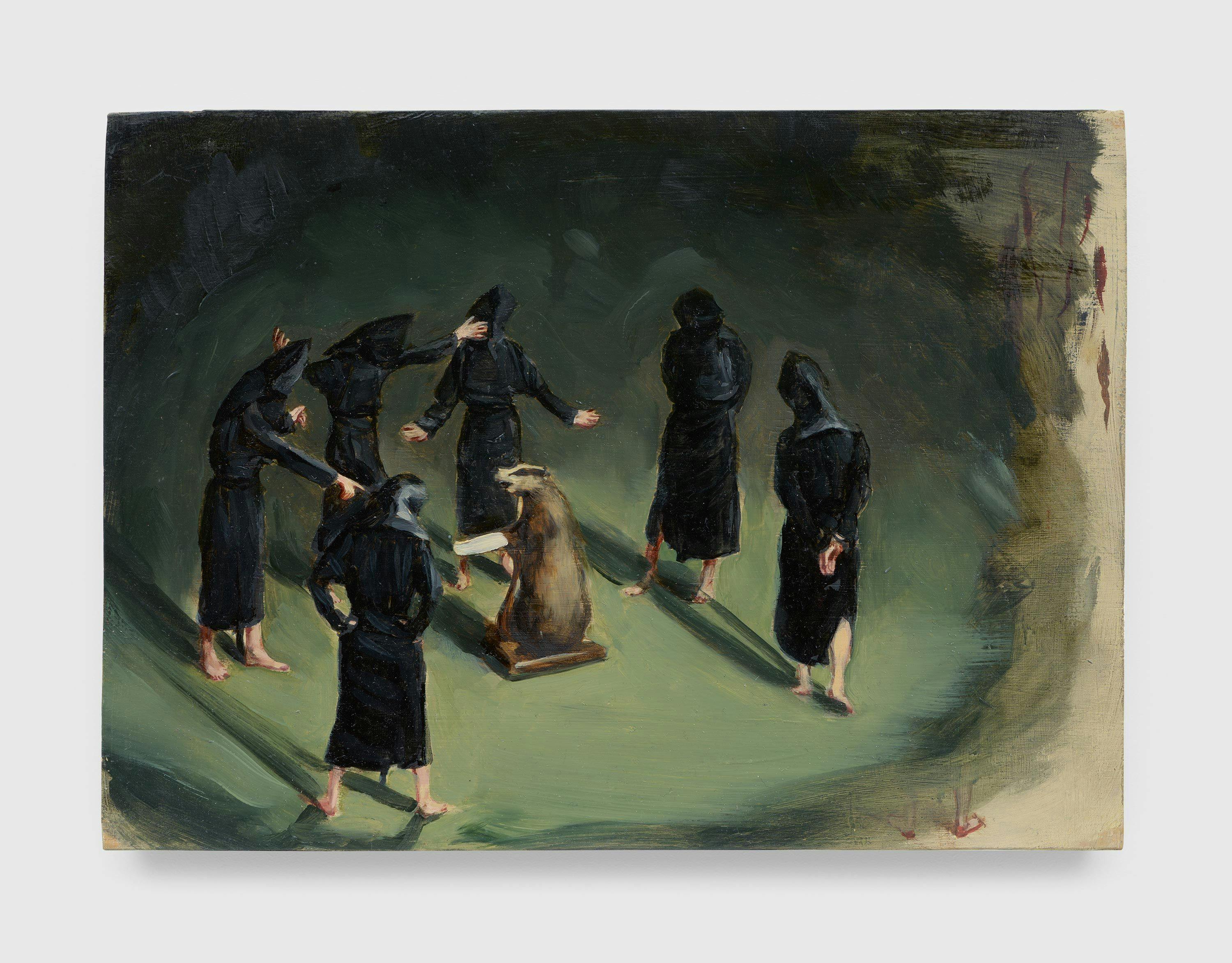 A painting by Michaël Borremans, titled Black Mould / The Badger's Song, dated 2015.
