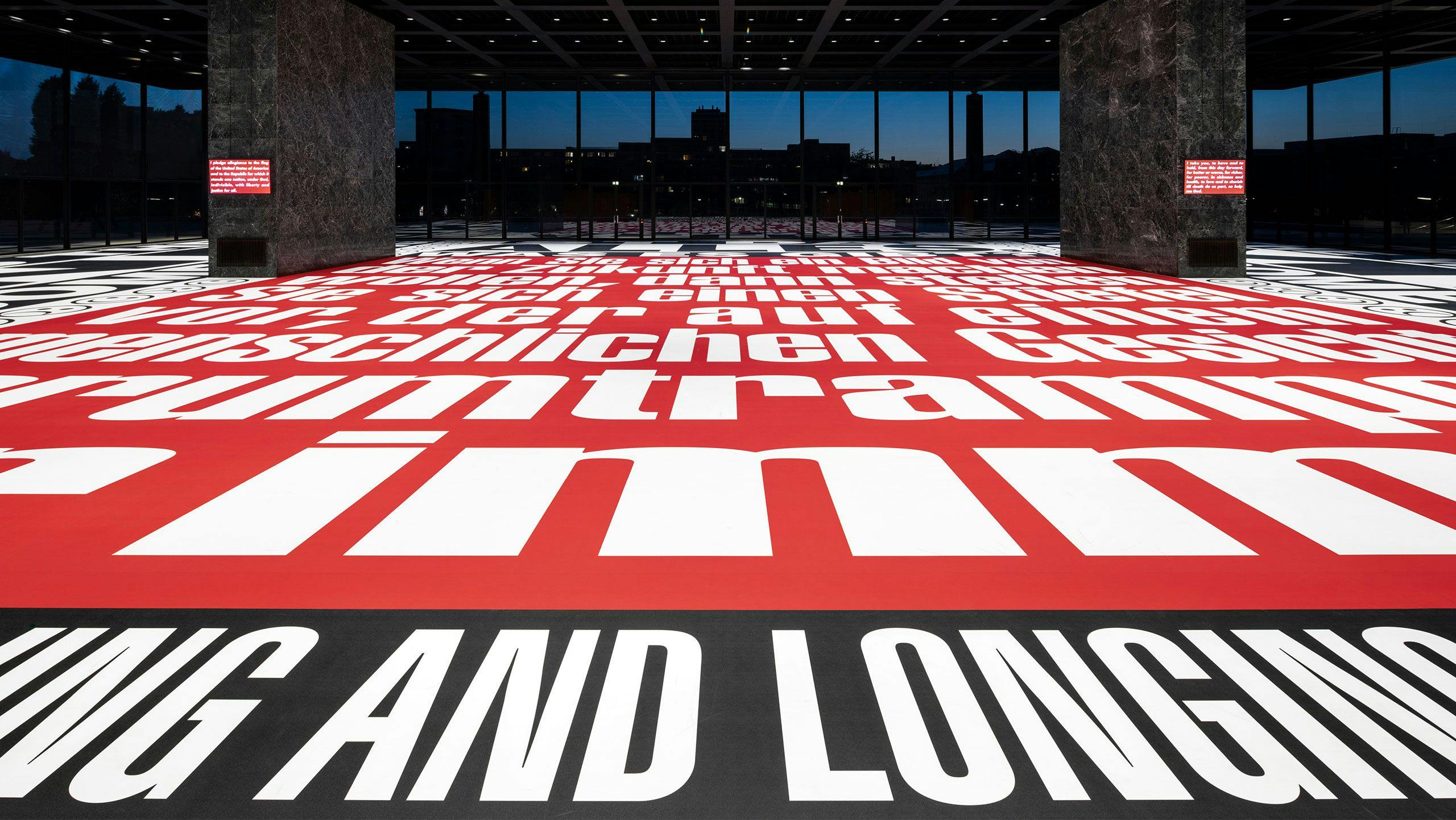 Installation view of the exhibition, Barbara Kruger: Bitte lachen / Please cry, at Neue Nationalgalerie in Berlin, dated 2022.