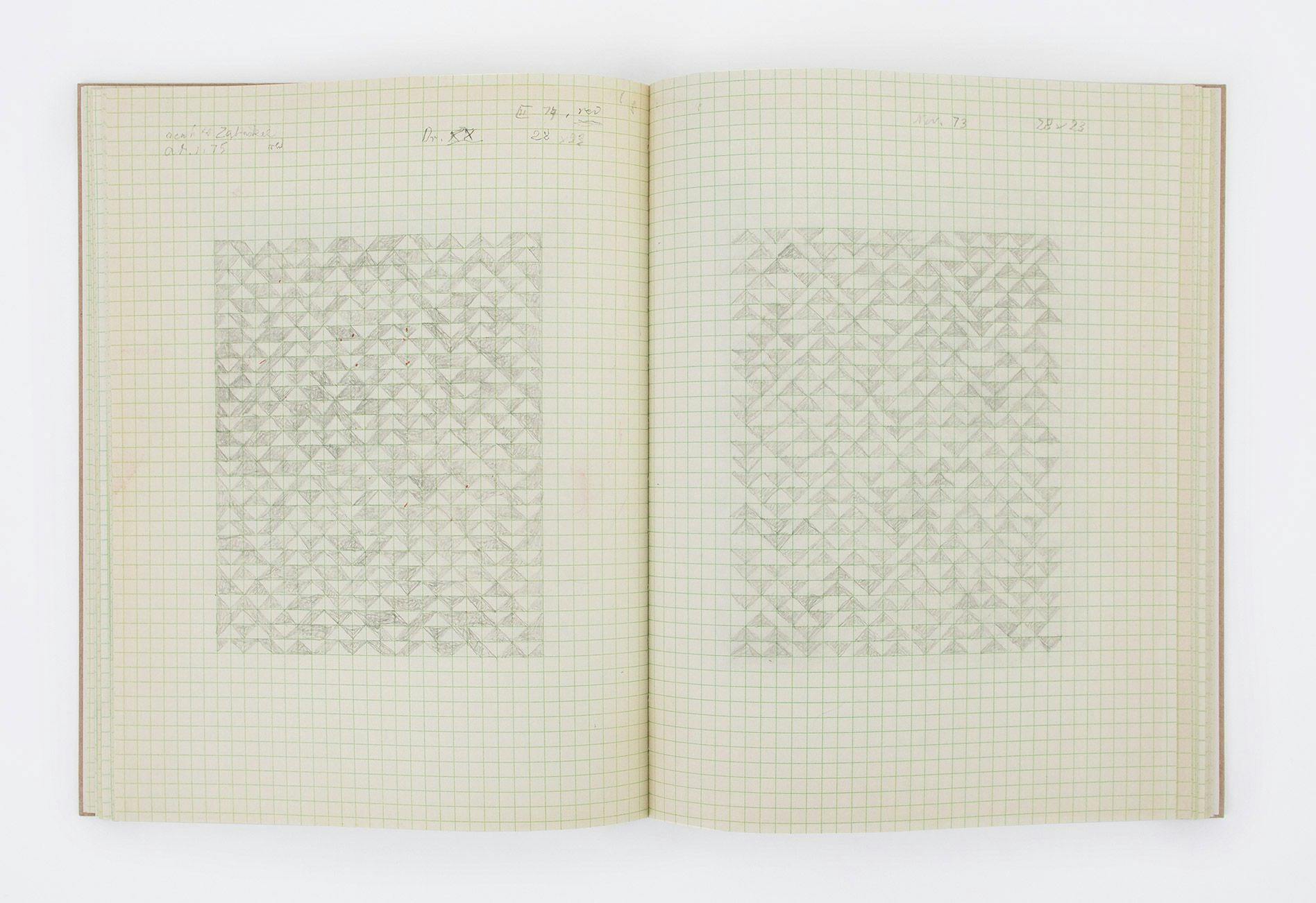 A spread from a book, titled Anni Albers Notebook 1970‚Äì1980.