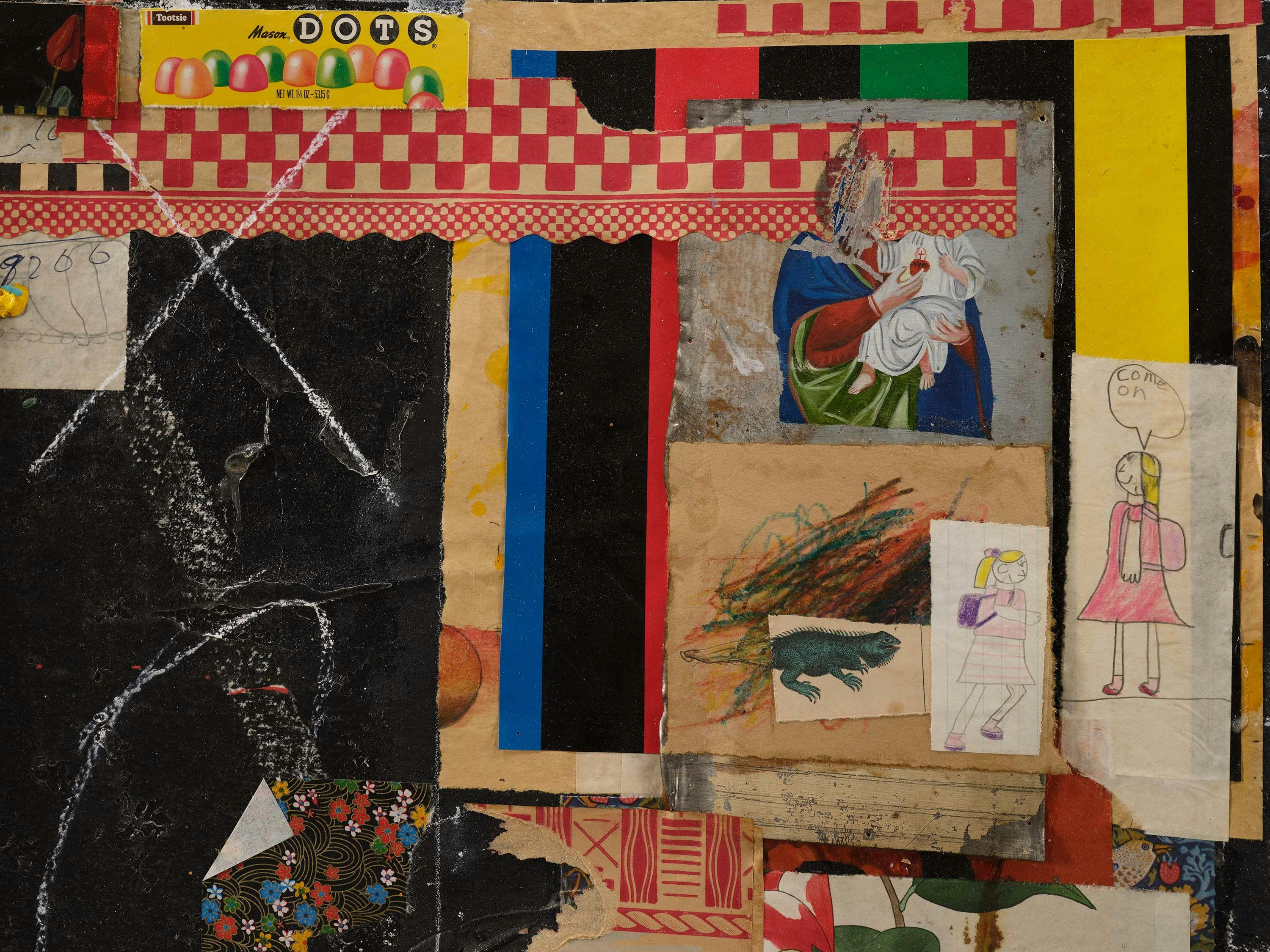 A detail from a mixed media artwork by Raymond Saunders, titled Jacob Lawrence, Romare Bearden, American Painting, dated 1988.