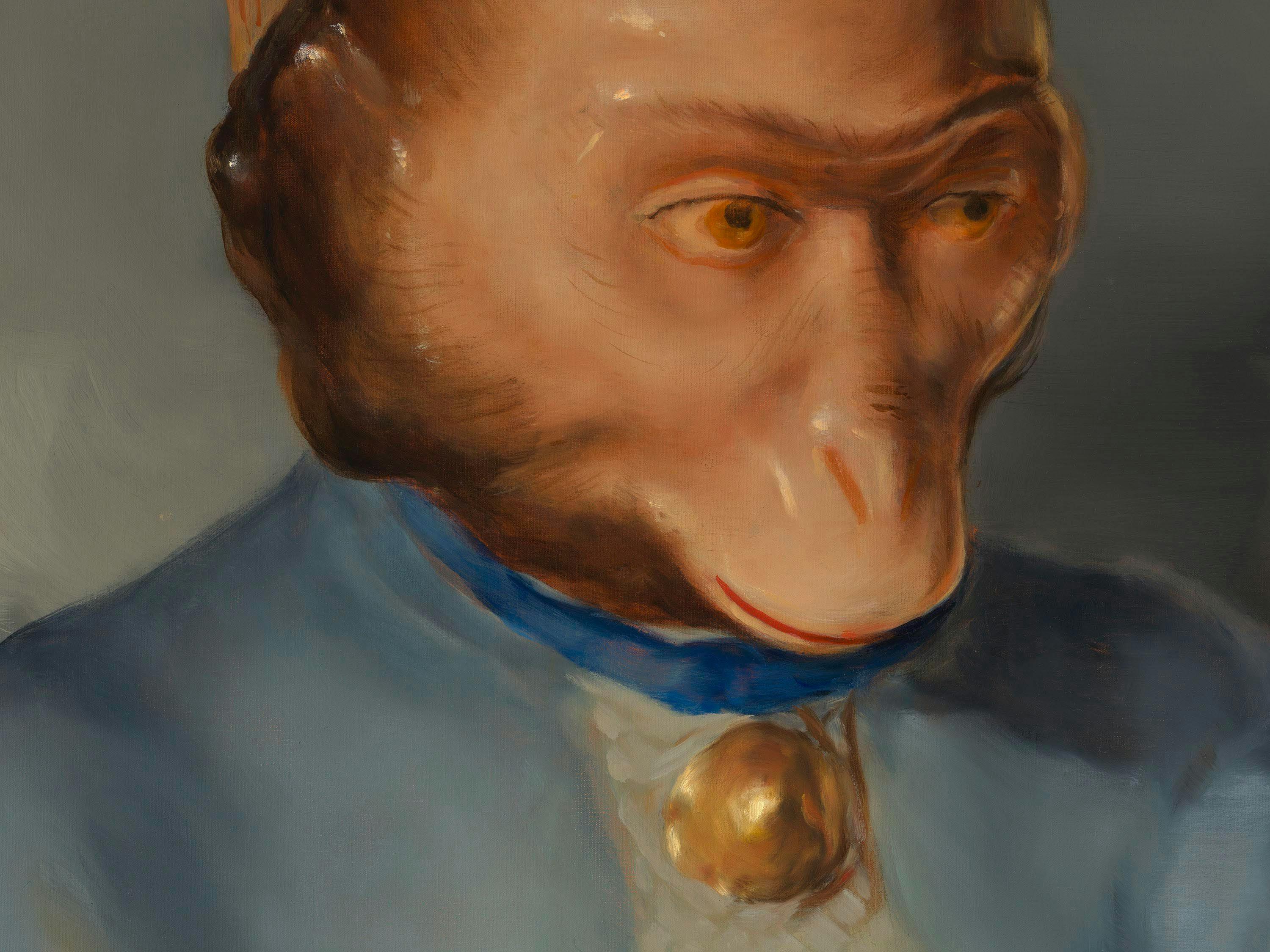 A detail from a painting by Michaël Borremans, titled The Monkey, dated 2023.