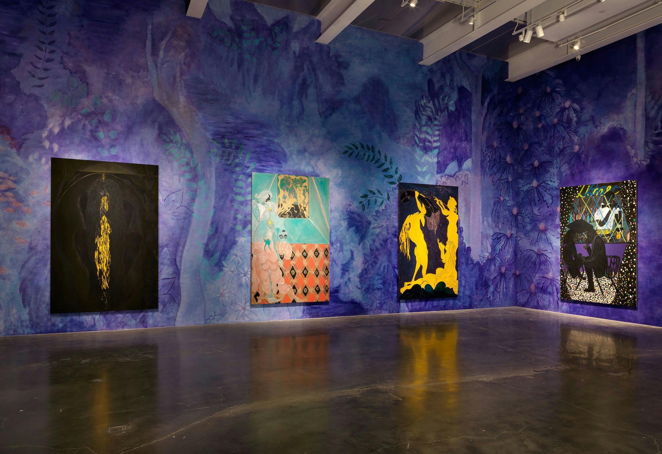 Installation view of the exhibition, Chris Ofili: Night and Day, at the New Museum in New York, dated 2014.