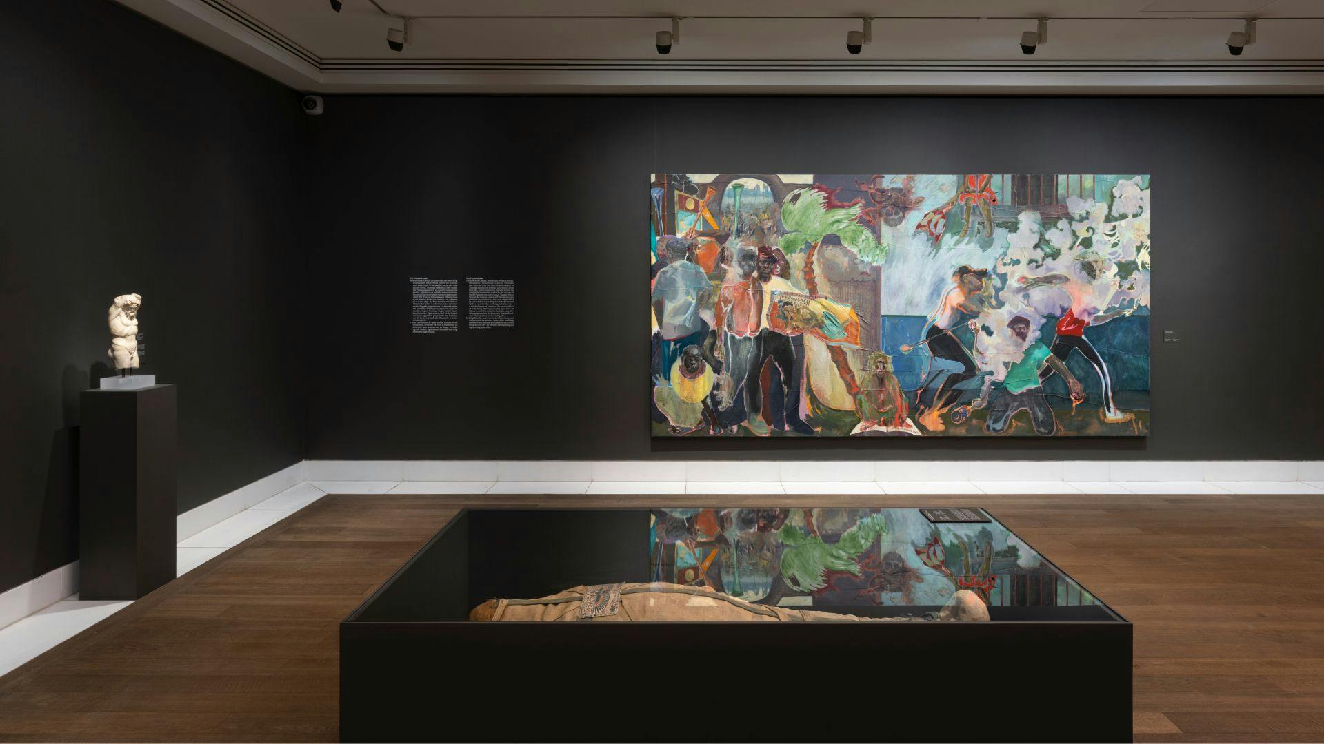 Installation view of the exhibition, Michael Armitage – Account of an Illiterate Man, at Ny Carlsberg Glyptotek in Copenhagen, dated 2021.
